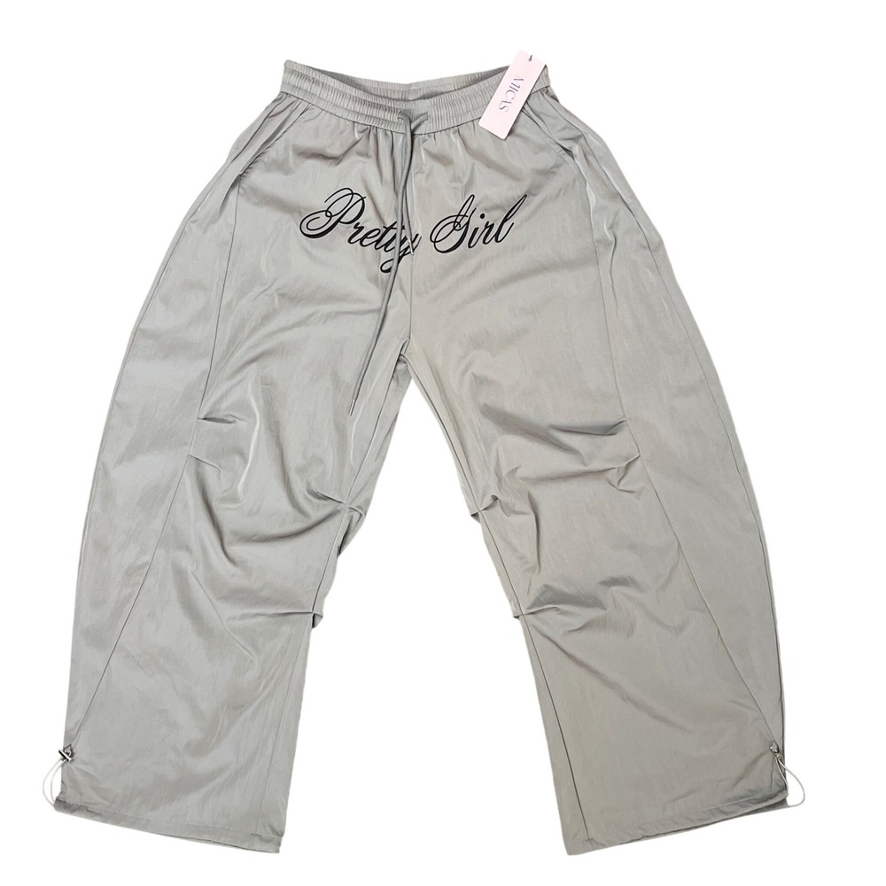 Micas NWT Y2K Wide Leg Pants Gray Drawstring Large "Pretty Girl" Streetwear